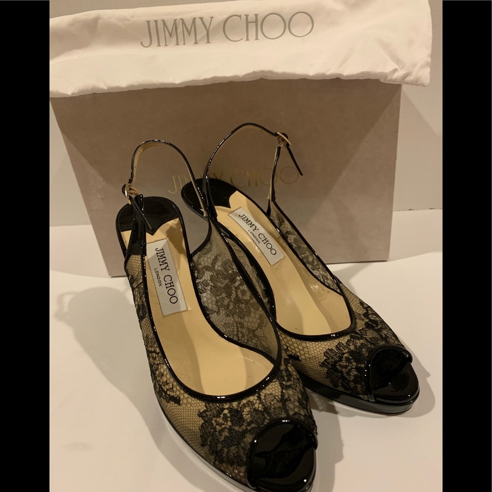 Jimmy Choo Black Lace Patent Leather Pumps Size 39